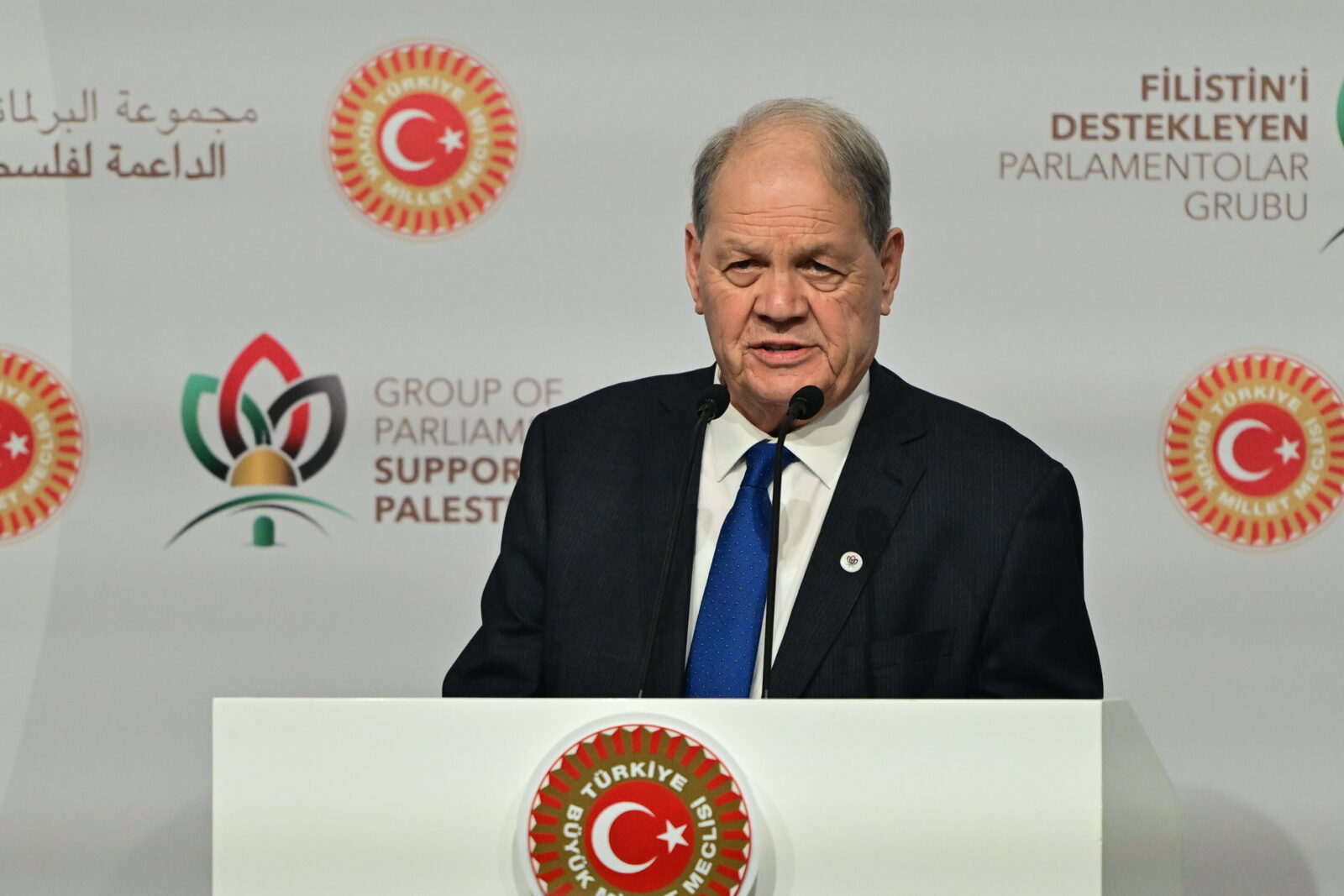 Palestinian National Council President Rawhi Fattouh makes a speech during meeting of the Parliamentary Group in Solidarity with Palestine at Conrad Istanbul Bosphorus in Istanbul, Türkiye on April 18, 2025. (AA Photo)