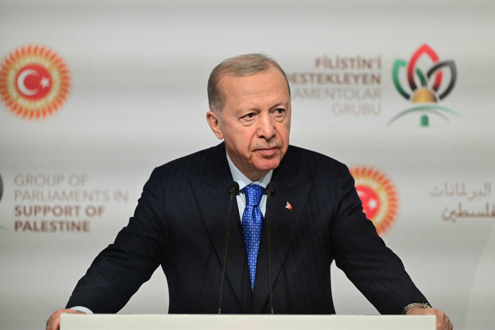 President Recep Tayyip Erdogan makes a speech as he attends the Meeting of the Group of Parliaments in Support of Palestine at Conrad Istanbul Bosphorus in Istanbul, Türkiye on April 18, 2025. (AA Photo)