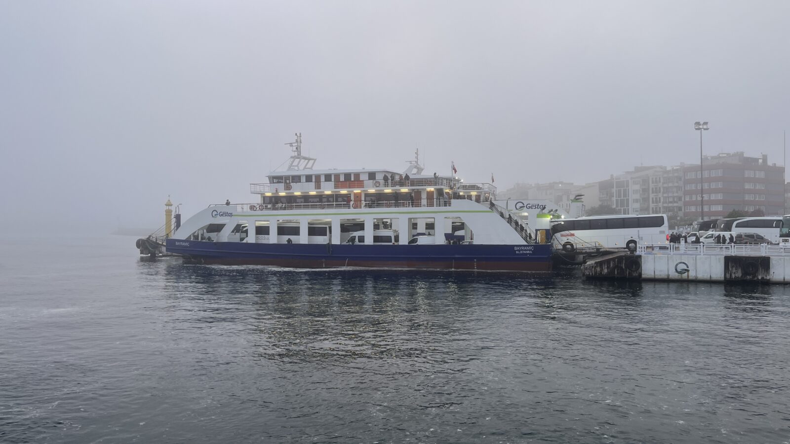 A ferry waits at port due to weather conditions