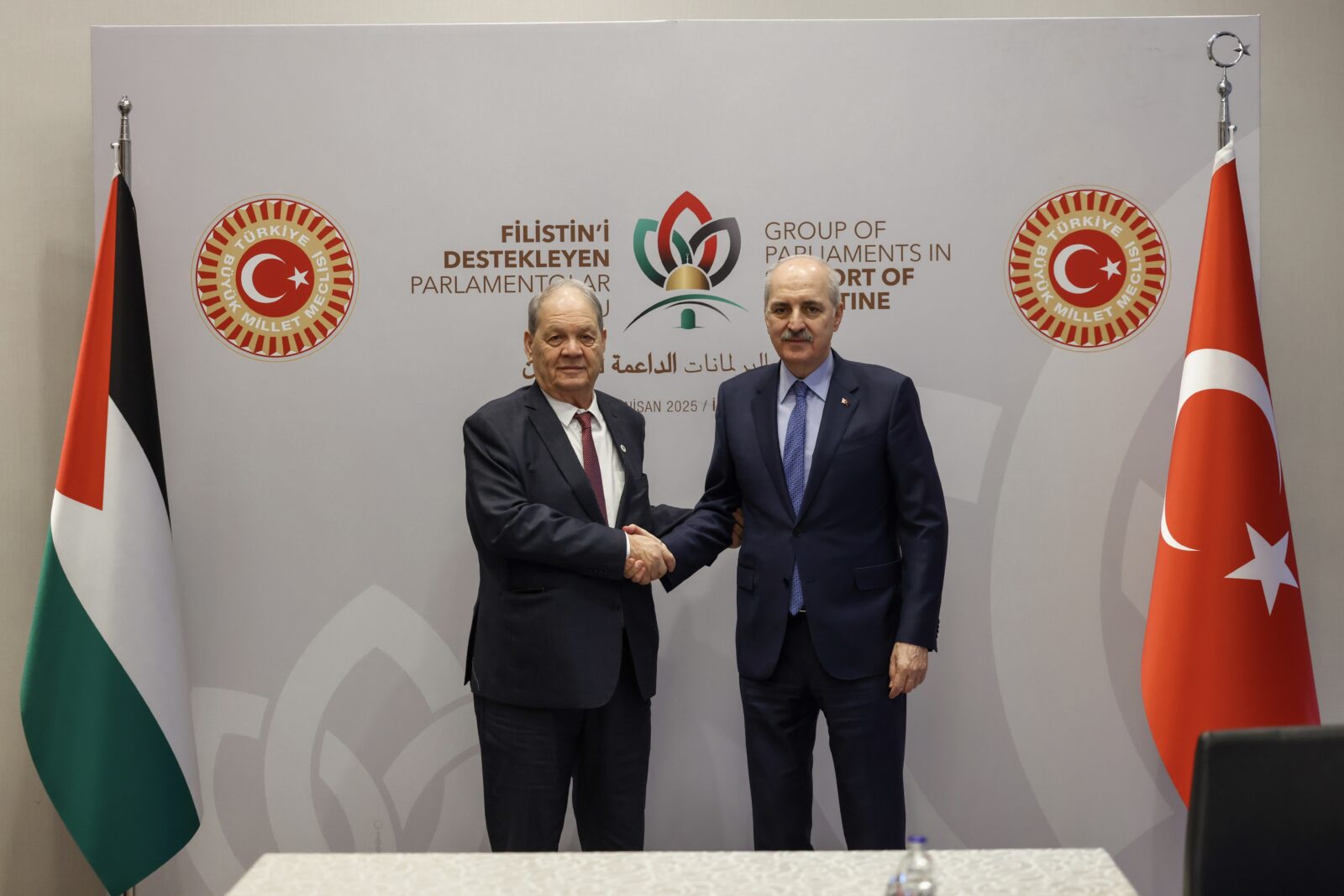 Turkish Parliament Speaker Numan Kurtulmus (R) meets with President of the Palestinian National Council Rawhi Fattouh (L) in Istanbul, Türkiye on April 19, 2025. (AA Photo)