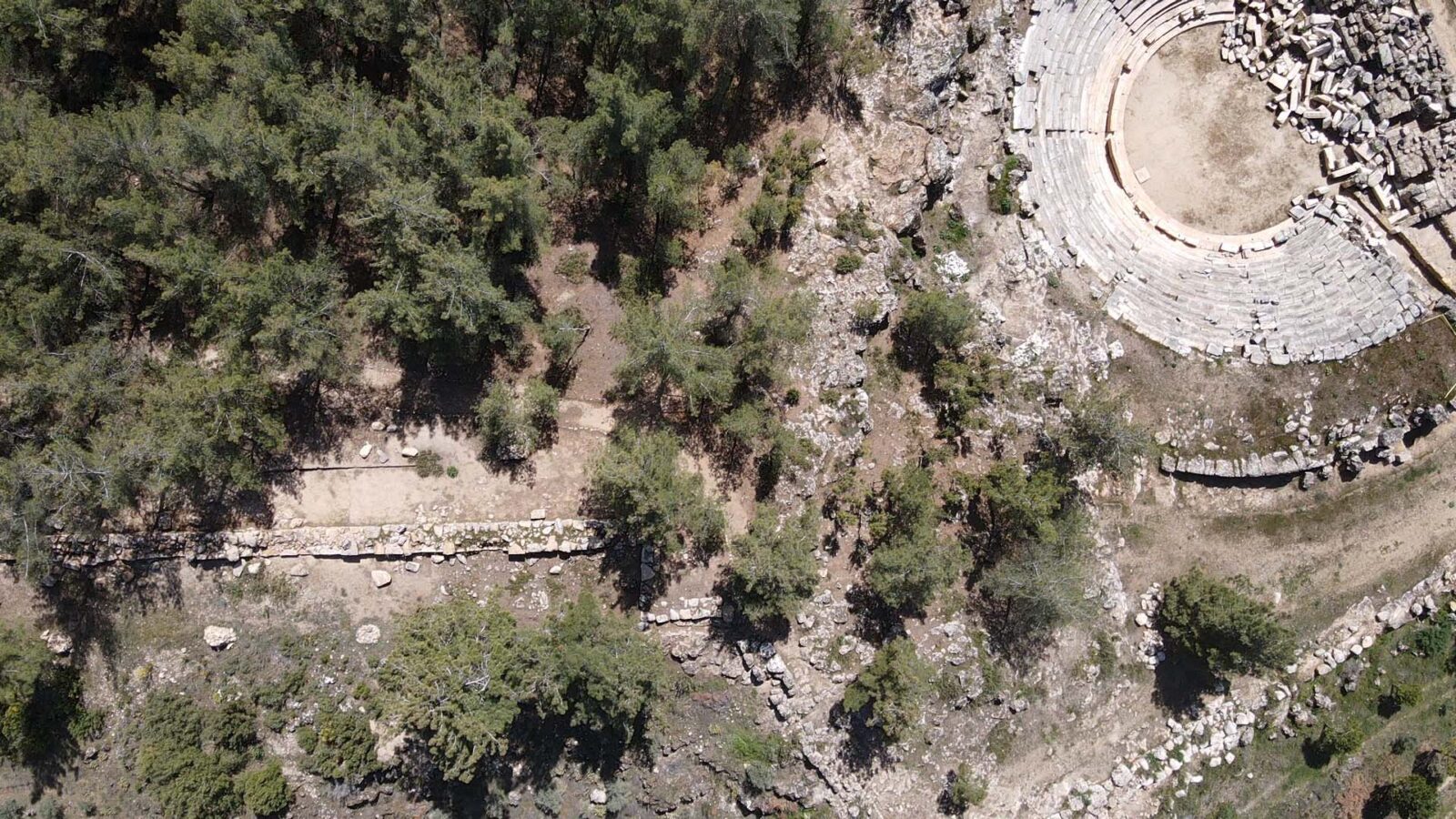 An aerial view shows part of Hyllarima’s city walls and its ancient theater in Kavaklidere, Mugla, Türkiye, April 21, 2025. (AA Photo)