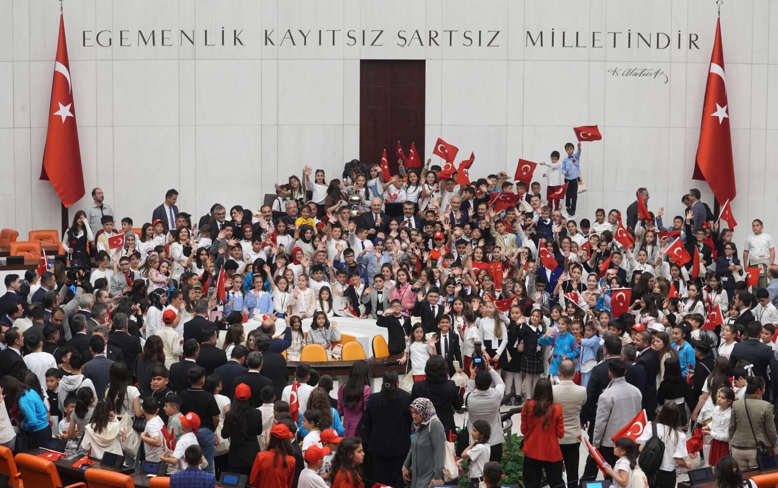 A general view of the assembly as children are seen during the Special Children’s Session to mark its 105th anniversary as part of the 23rd of April National Sovereignty and Children’s Day celebrations at the Turkish Parliament in Ankara, Türkiye on April 22, 2025. (AA Photo)