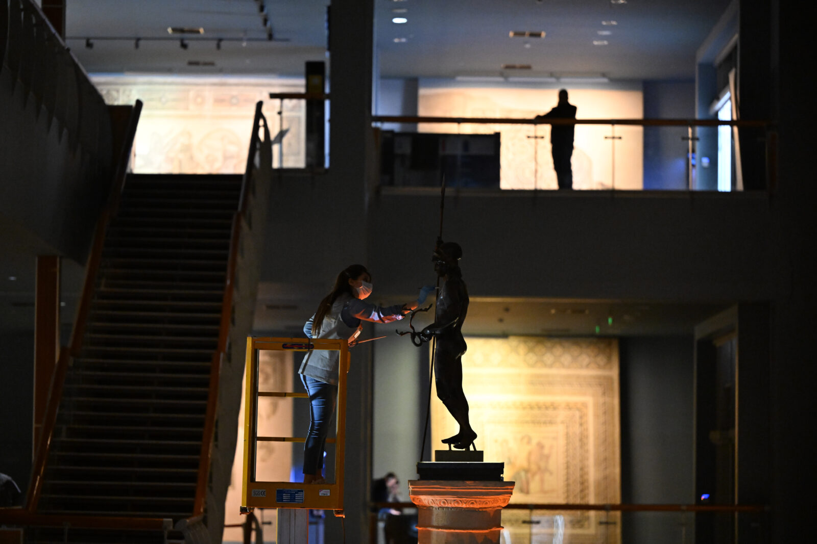 The 2,000-year-old bronze statue of Mars, symbolizing fertility and power, is currently on display and carefully preserved by expert restorers at the Zeugma Mosaic Museum in Gaziantep, Türkiye, April 17, 2025. (AA Photo)