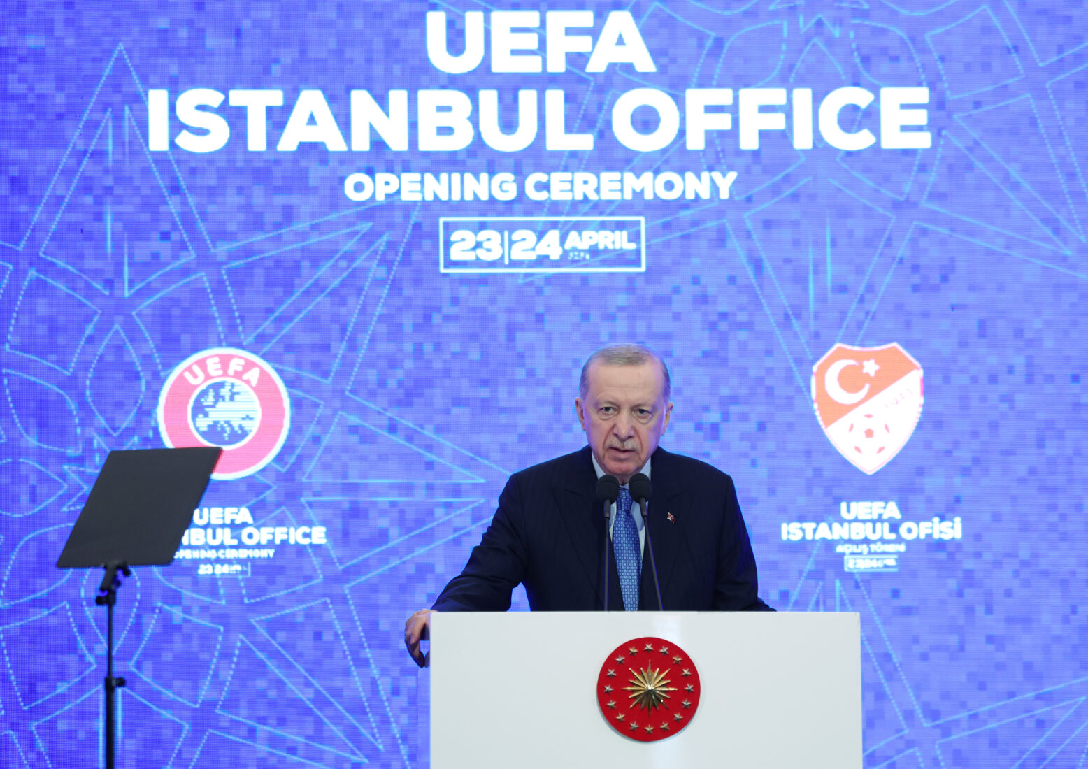 Turkish President Recep Tayyip Erdogan makes a speech during the opening of UEFA’s Istanbul Office in Levent district of Istanbul, Turkiye on April 24, 2025. (Turkish Presidency / AA Photo)