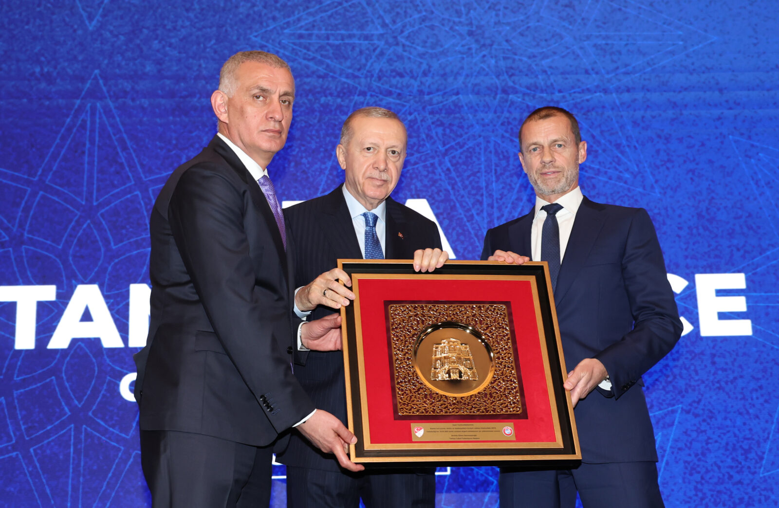 Turkish President Recep Tayyip Erdogan and UEFA President Aleksander Ceferin attend the opening ceremony of UEFA’s Istanbul Office in Levent district of Istanbul, Turkiye on April 24, 2025. (Turkish Presidency / AA Photo)