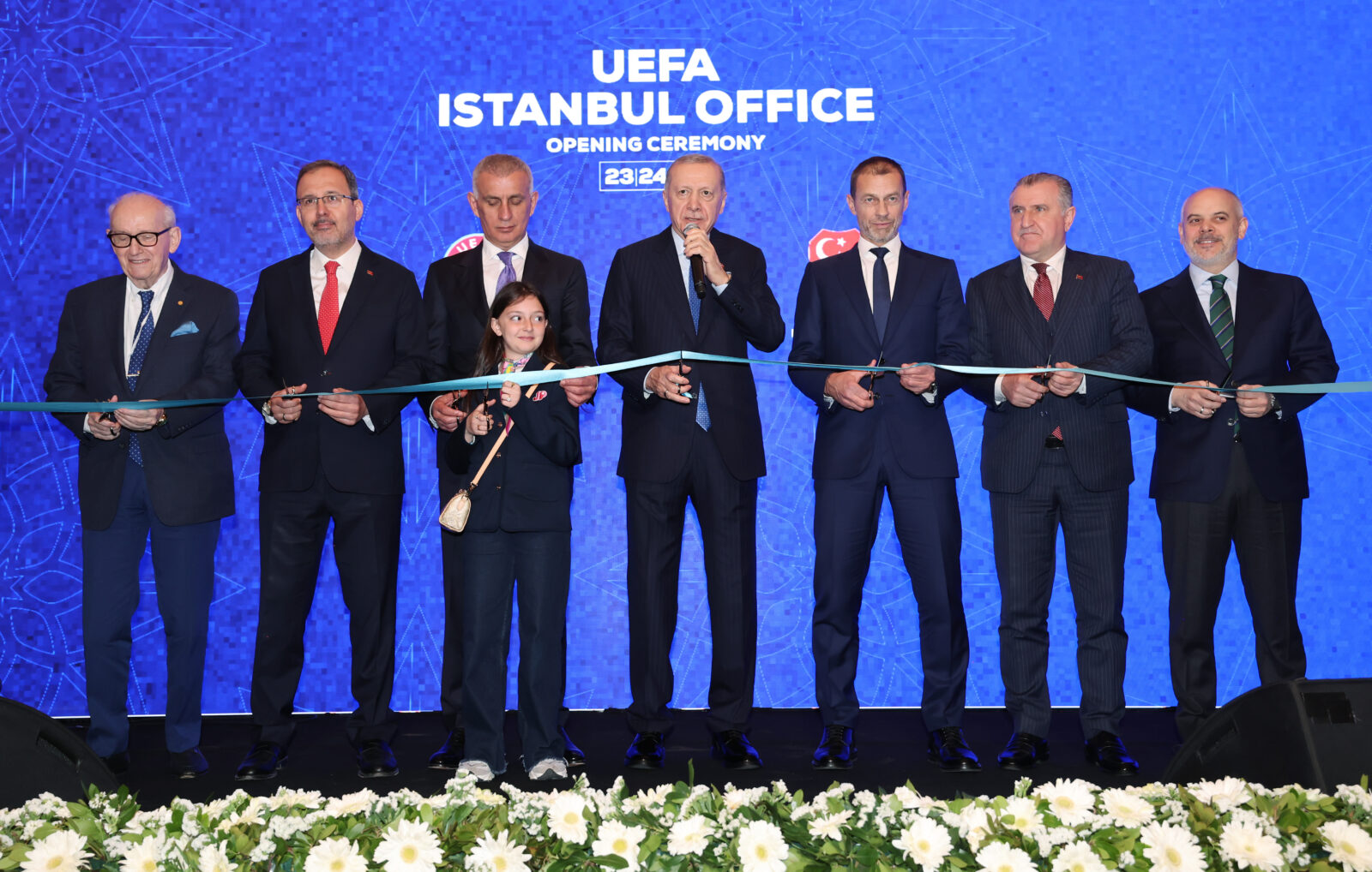 Turkish President Recep Tayyip Erdogan (C) attends the opening ceremony of UEFA’s Istanbul Office along with Turkish Minister of Youth and Sports Osman Askin Bak (2nd R), Presidential Advisor on Foreign Policy and Security Ambassador Akif Cagatay Kilic (R), UEFA President Aleksander Ceferin (3rd R), Turkish Football Federation (TFF) President Ibrahim Haciosmanoglu (3rd L), TFF Honorary President Senes Erzik (L), former Minister of Youth and Sports Mehmet Muharrem Kasapoglu (2nd L) in Levent district of Istanbul, Turkiye on April 24, 2025. (Turkish Presidency / AA Photo)