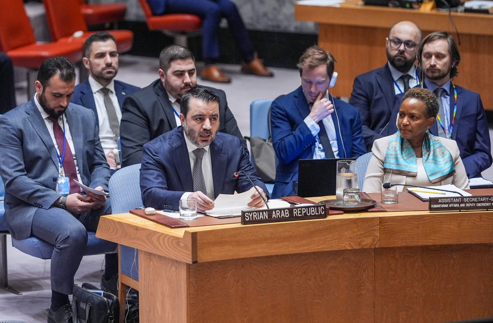 New Syrian Foreign Minister Asaad al-Shibani speaks at a United Nations Security Council meeting in New York, United States, marking the first public appearance of a high-ranking Syrian government official in the United States on April 25, 2025. (AA Photo)