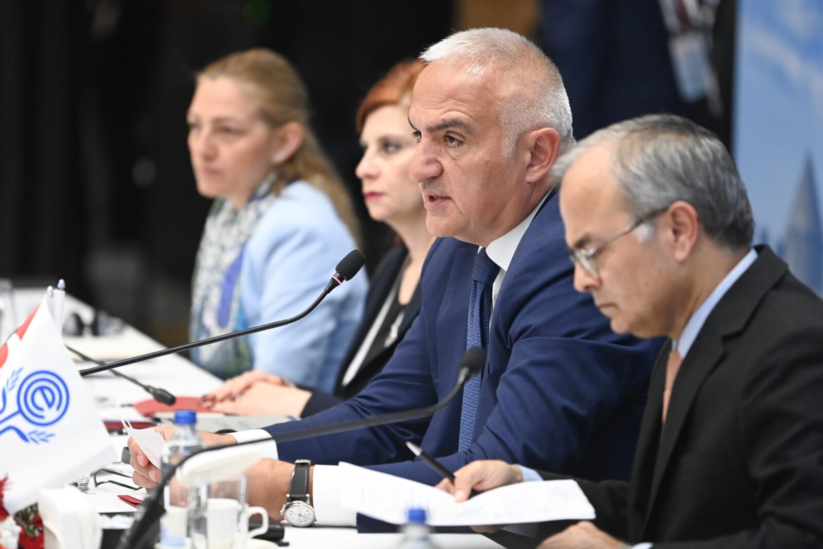 Turkish Culture and Tourism Minister Mehmet Nuri Ersoy (center) chairs the 6th Meeting of Tourism Ministers of the Economic Cooperation Organization (ECO) in Erzurum, Türkiye, on April 26, 2025. (AA Photo)