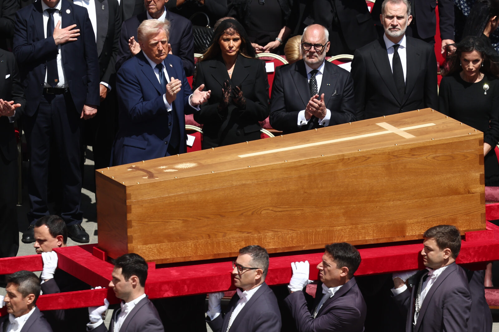U.S. President Donald Trump and Melania Trump at the funeral of Pope Francis in St. Peter's Square, Vatican City, Vatican, April 26, 2025. (AA Photo)