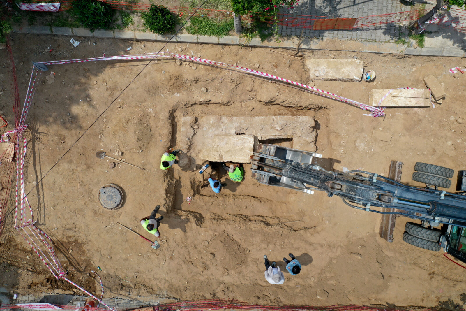An aerial view of the "chamber tomb" during road renovation works carried out by the municipality in the area close to the Tralleis ancient city in Efeler district of Aydin, Türkiye, April 29, 2025. (AA Photo)