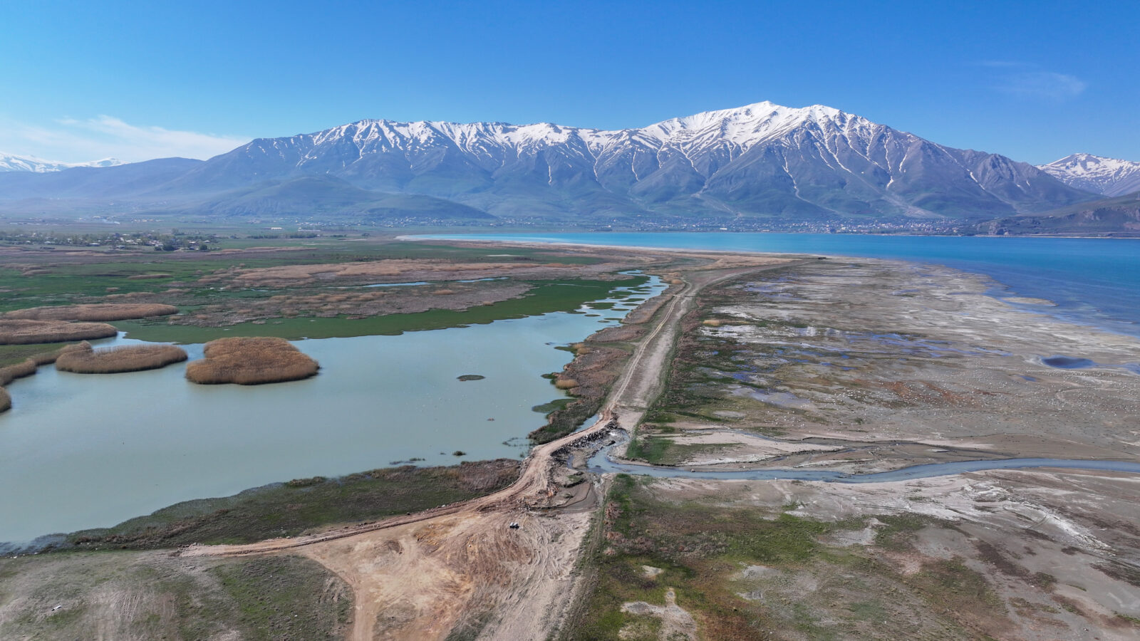 An aerial view of Dilkaya Reedbed, also known as Bird sanctuary, is seen after the works of restoring the natural setting in Van, Türkiye, April 29, 2025. (AA Photo)