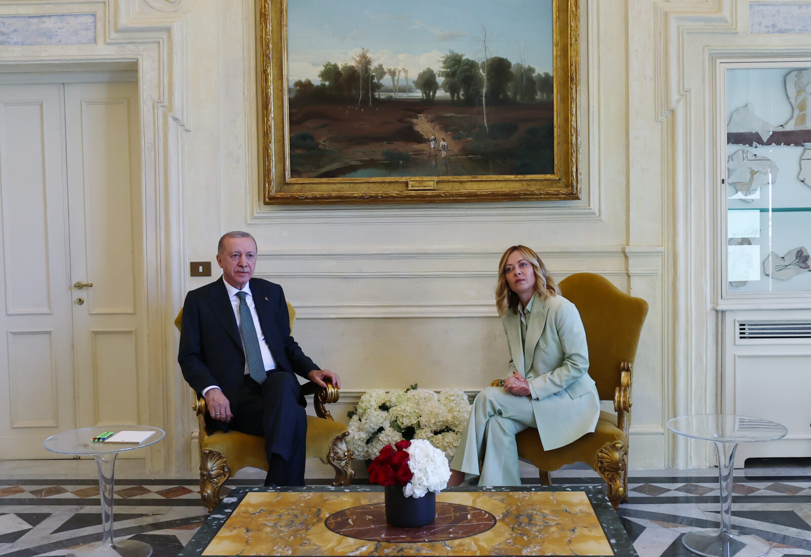 President Recep Tayyip Erdogan meets with Italian Prime Minister Giorgia Meloni at Villa Doria Pamphili in Rome, Italy on April 29, 2025. (Turkish Presidency / AA Photo)