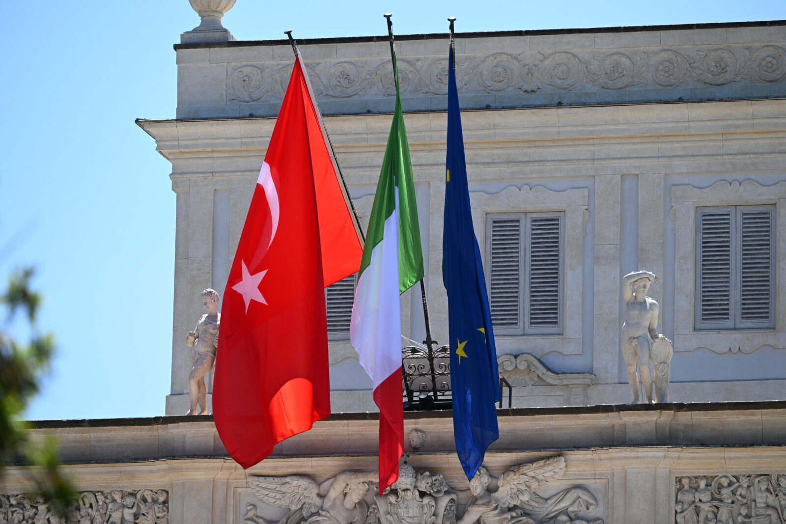 Italian, European Union and Turkish flags are seen during the official welcoming ceremony of Italian PM Meloni for President Erdogan at Villa Doria Pamphili in Rome, Italy, April 29, 2025. (AA Photo)
