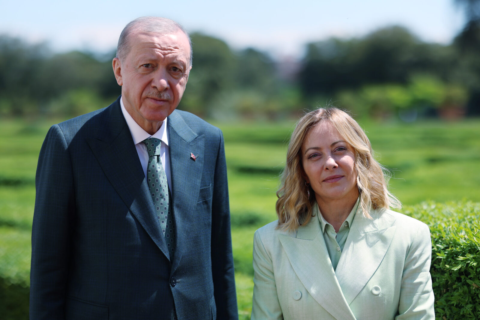 Turkish President Recep Tayyip Erdogan (L) meets with Italian Prime Minister Giorgia Meloni (R) at Villa Pamphili residence in Rome, Italy where he came to attend the fourth intergovernmental summit between Turkiye and Italy, April 29, 2025. (Turkish Presidency/ AA Photo)