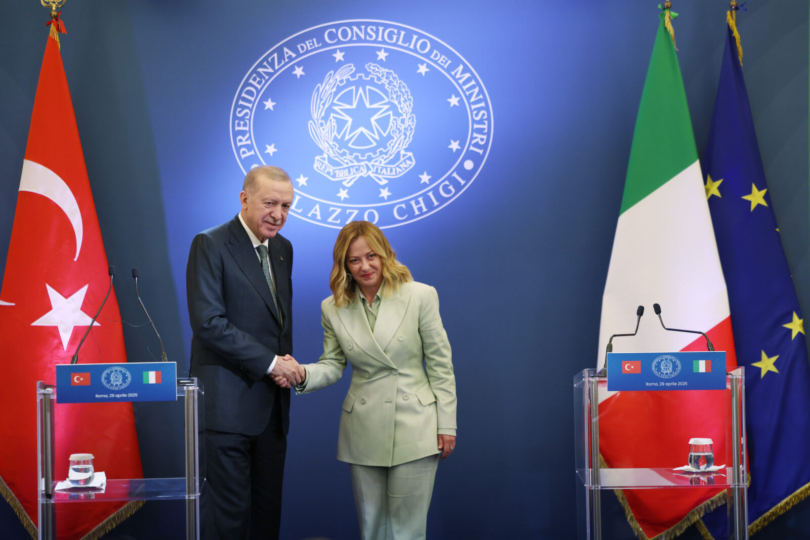 President Recep Tayyip Erdogan holds a joint news conference with Italian Prime Minister Giorgia Meloni at Villa Pamphili residence in Rome, Italy, April 29, 2025. (TUR Presidency/Murat Kula - Anadolu Agency)