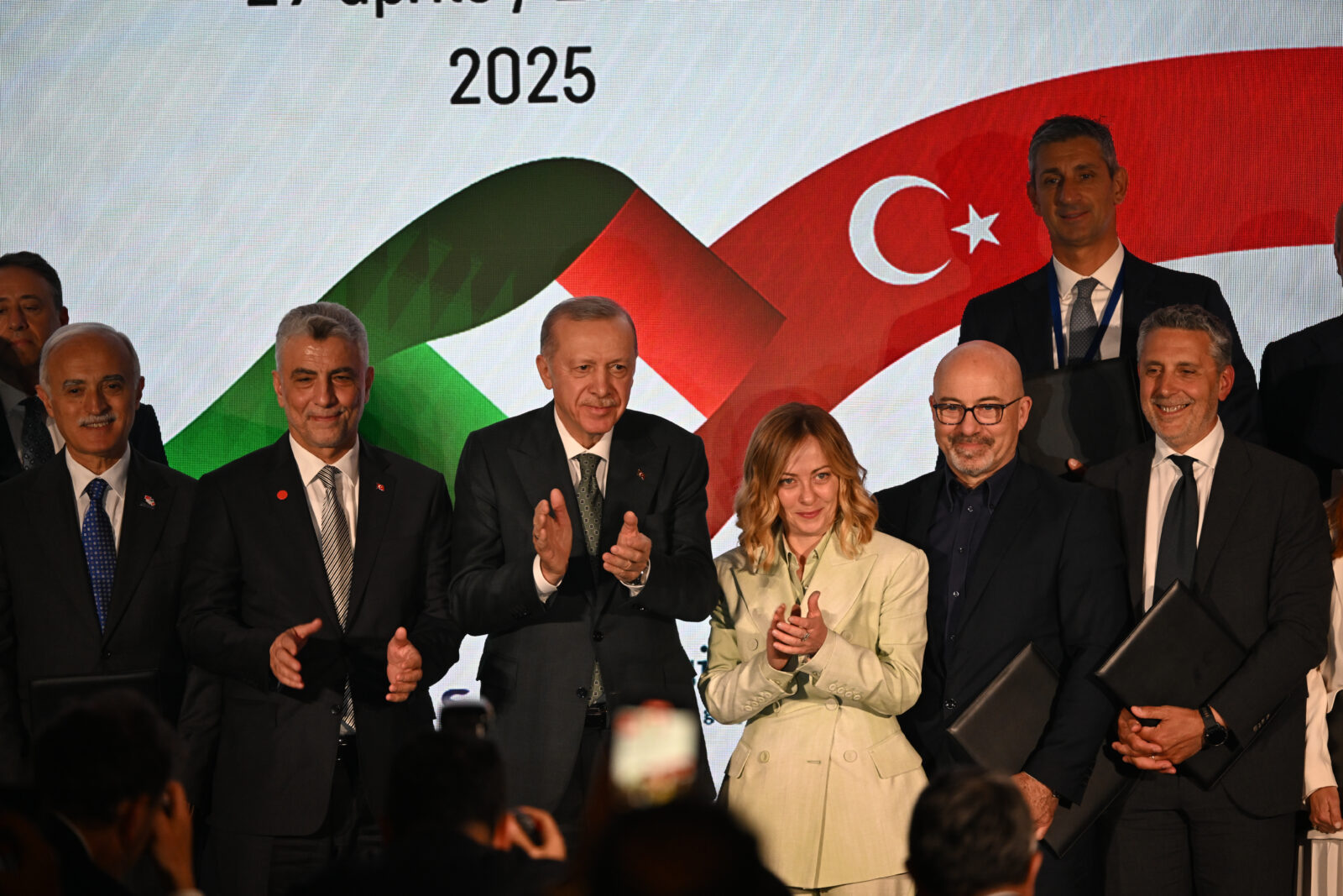 President Recep Tayyip Erdogan and Italian Prime Minister Giorgia Meloni attend the closing session of Türkiye-Italy Business Forum in Rome, Italy on April 29, 2025. (AA Photo)