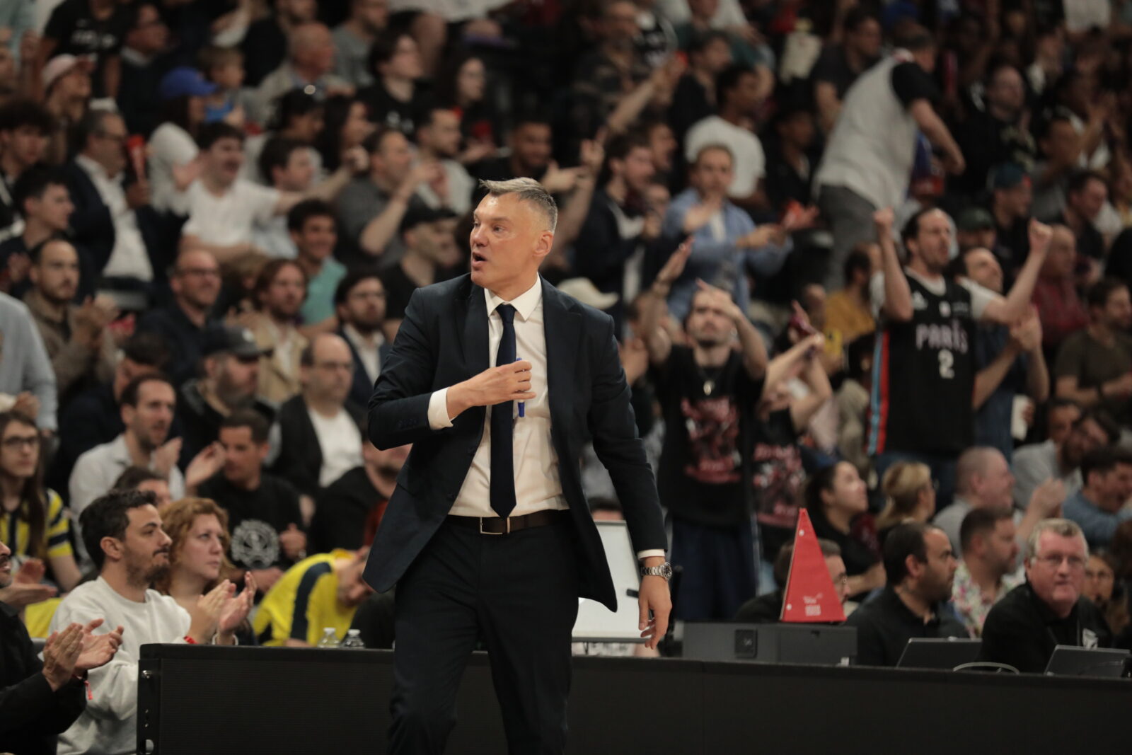 Head Coach of Fenerbahce Beko Sarunas Jasikevicius is seen during the Turkish Airlines EuroLeague playoff 3rd match between Paris Basketball and Fenerbahce Beko at Adidas Arena in Paris, France on April 29, 2025. (AA Photo)