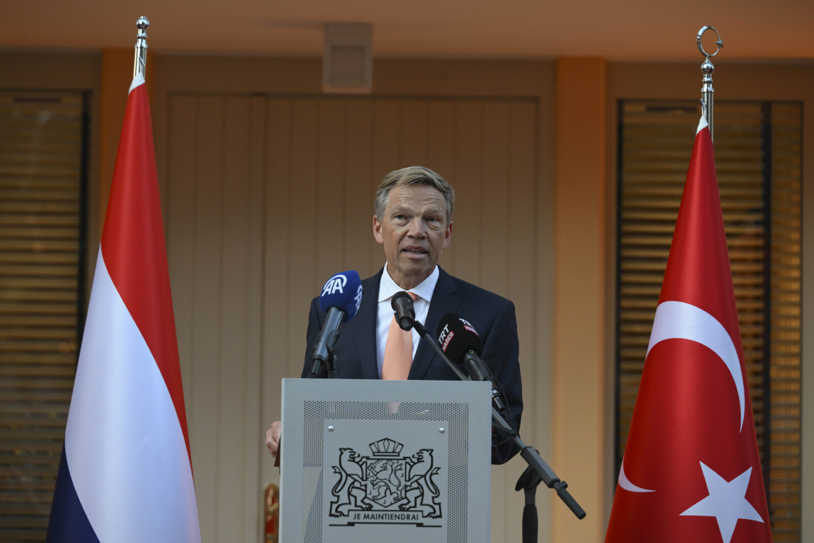 Dutch Ambassador to Türkiye Joep Wijnands delivers a speech during the King’s Day reception hosted by the Dutch Embassy in Ankara, Türkiye on April 29, 2025. (AA Photo)