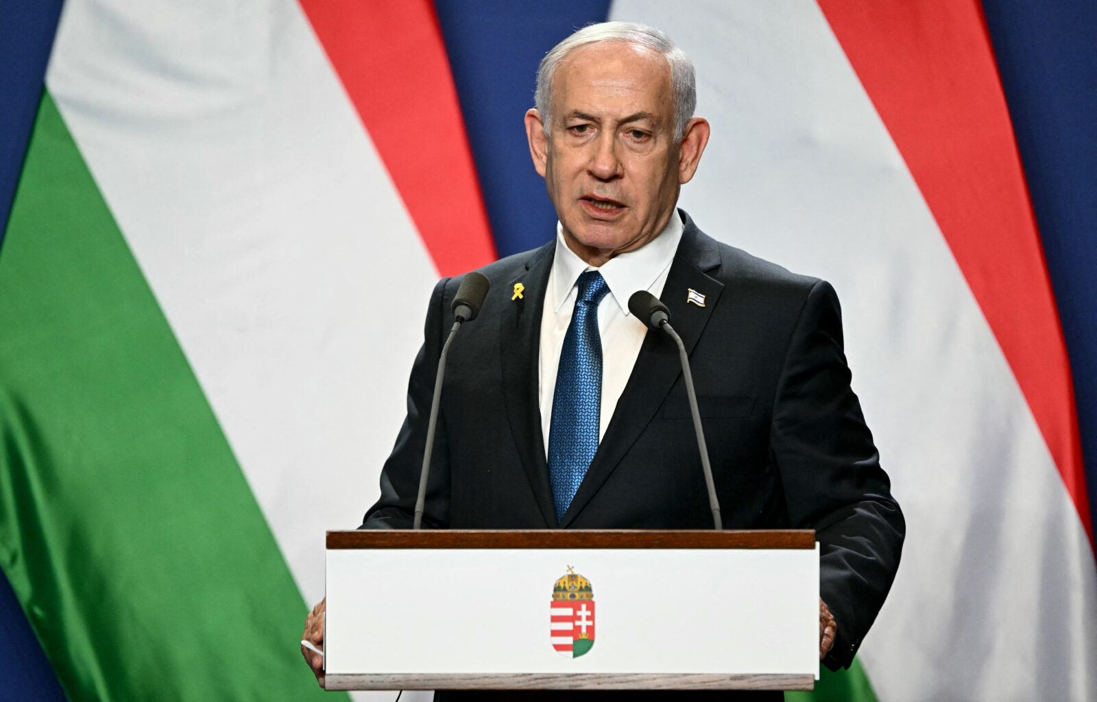 Israeli Prime Minister Benjamin Netanyahu speaks during a joint press conference with Hungary's Prime Minister (not in picture) following bilateral talks in Budapest, Hungary on April 3, 2025. (AFP Photo)