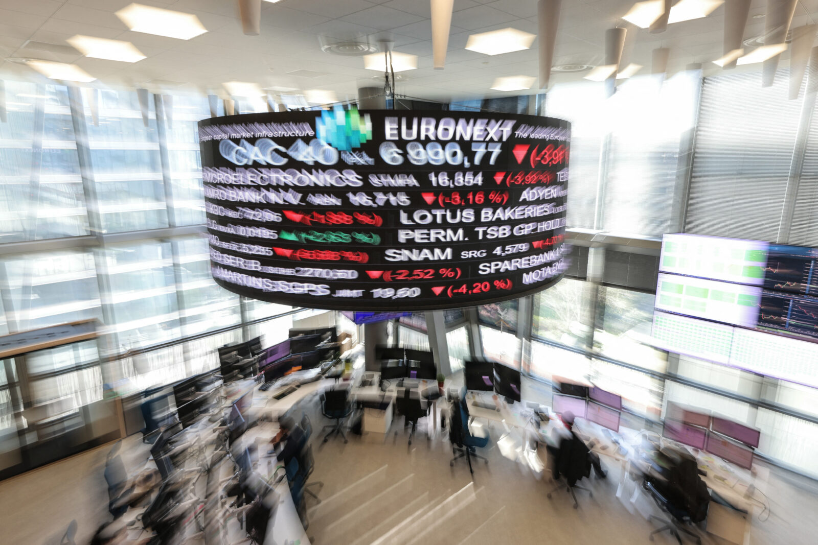 Market indicators are displayed on digital screen at the Euronext trading exchange building in La Defense business district, west of Paris, on April 7, 2025. (AFP Photo)