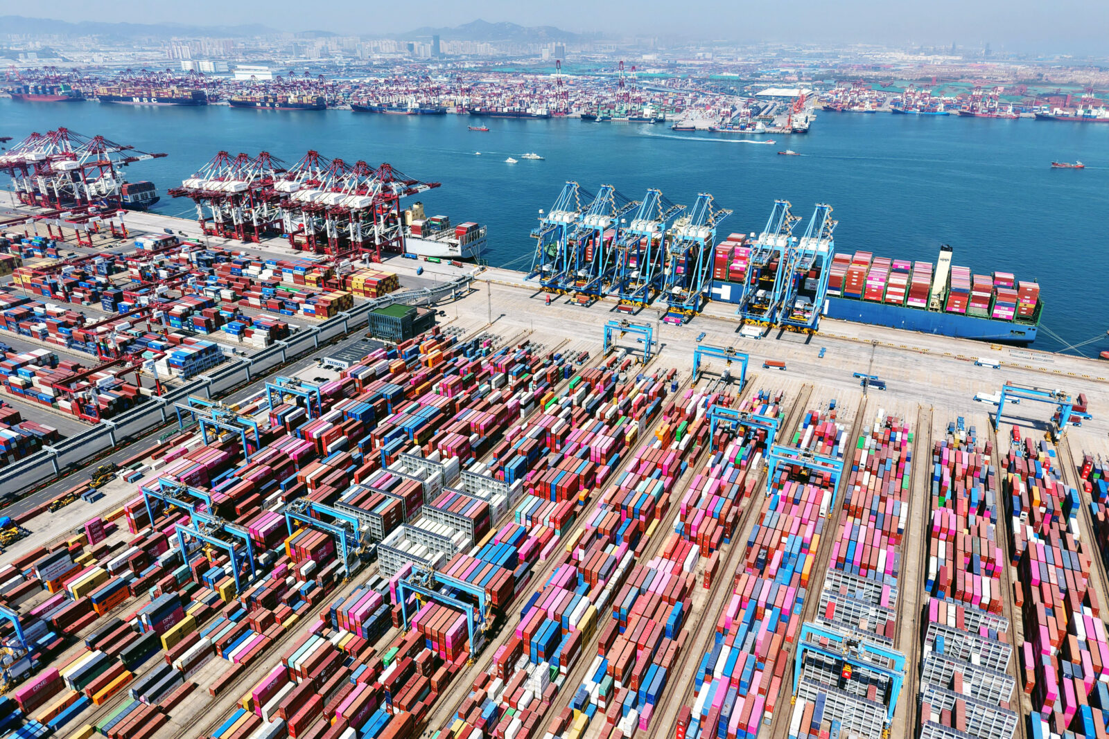 Container ships are seen at the port in Qingdao, in China's eastern Shandong province, on April 15, 2025. (AFP Photo)