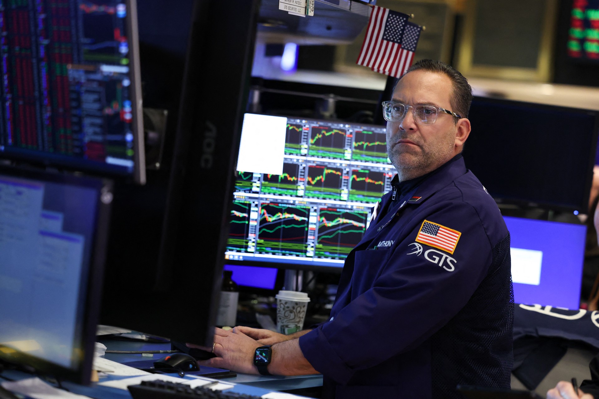 A trader works on the floor of the New York Stock Exchange (NYSE) at the opening bell in New York City, on April 16, 2025. (AFP Photo)