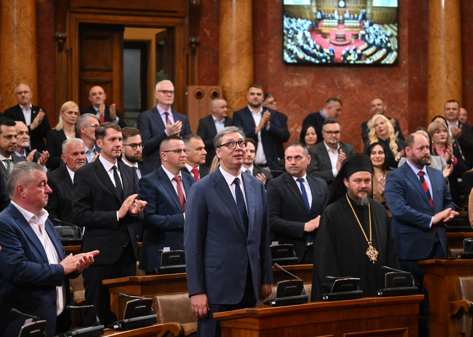 Serbian President Aleksandar Vucic (center) attends an oath ceremony of new elected government in Belgrade, Serbia on April 16, 2025. (AFP Photo)