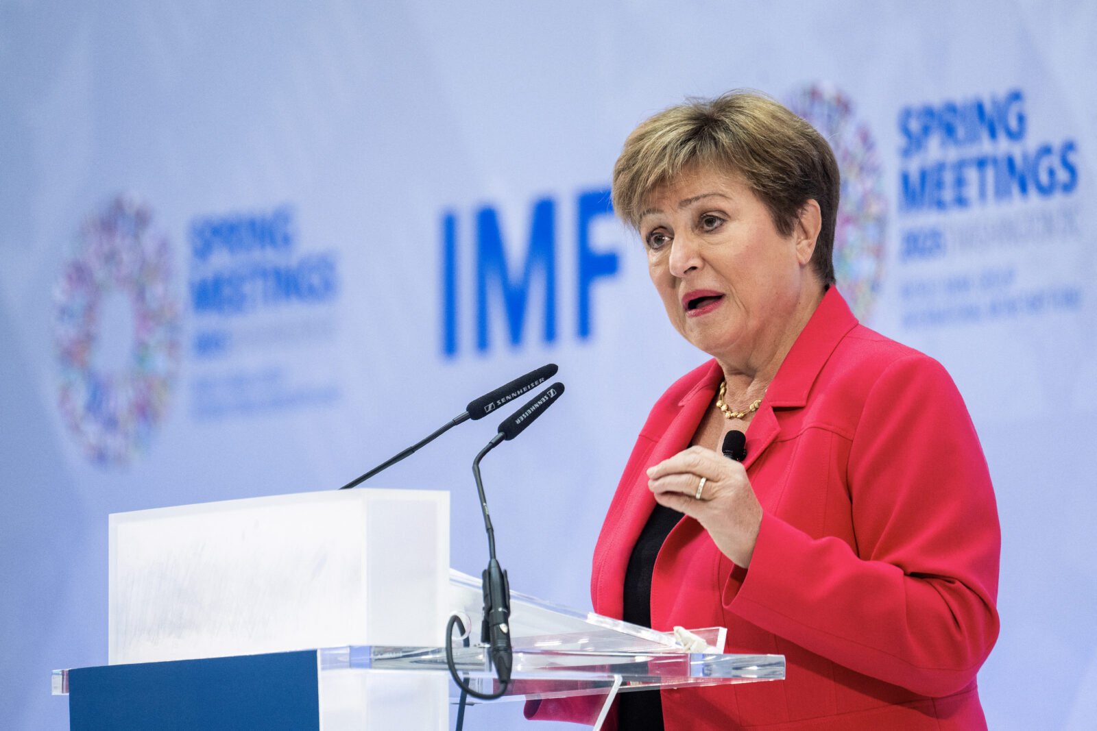 IMF Managing Director Kristalina Georgieva delivers a keynote speech ahead of the IMF/WB Spring Meetings at IMF headquarters in Washington, D.C., April 17, 2025. (AFP Photo)