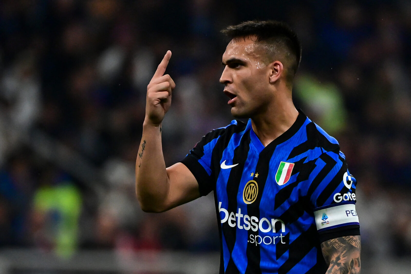 Inter Milan's Argentine forward #10 Lautaro Martinez reacts during the Coppa Italia second leg semi-final football match between Inter Milan and AC Milan at the San Siro stadium in Milan on April 23, 2025. (AFP Photo)