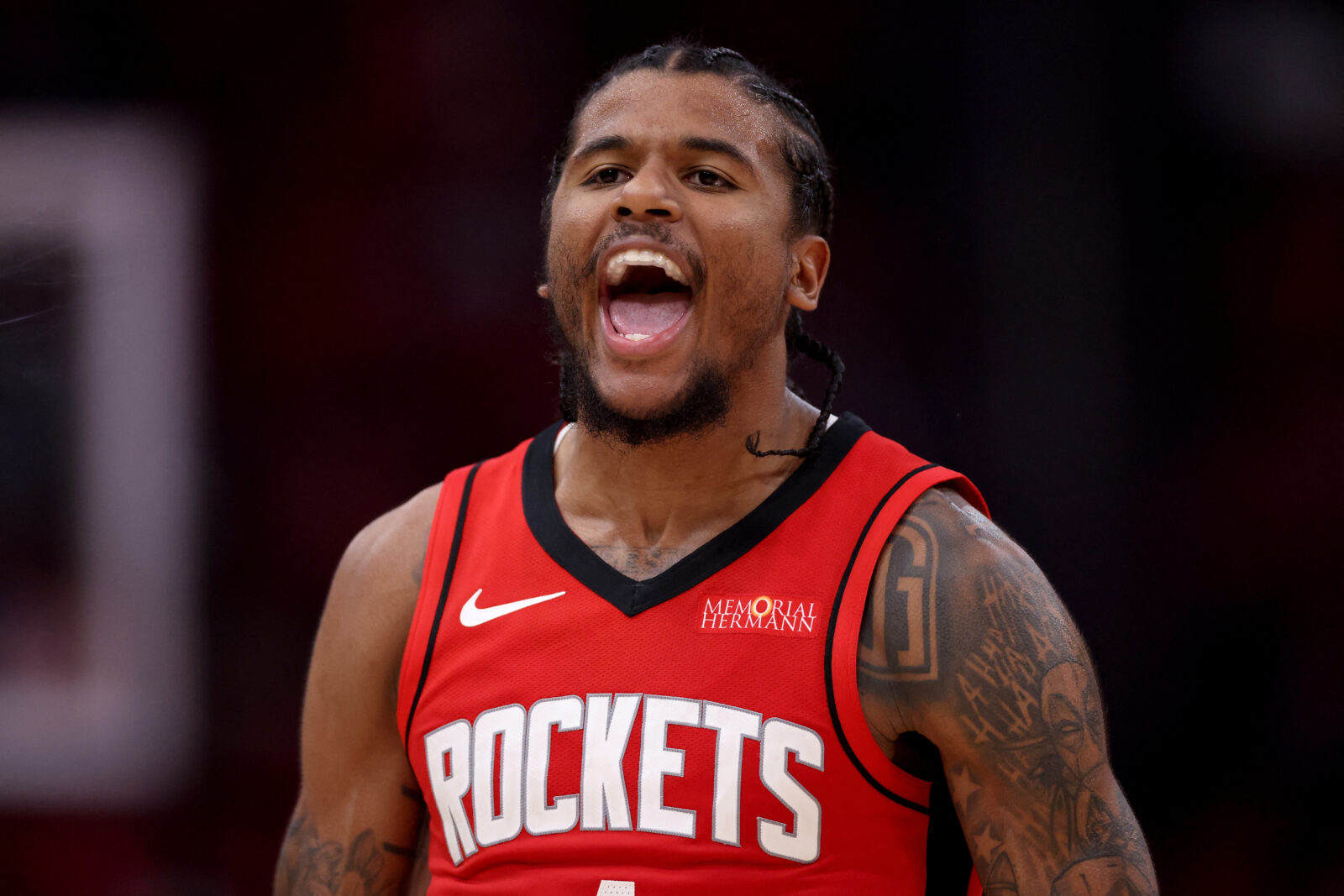 Jalen Green #4 of the Houston Rockets reacts after a three-point shot in the second half against the Golden State Warriors in Game Two of the Western Conference First Round NBA Playoffs at Toyota Center, Houston, Texas, April 23, 2025. (AFP Photo)