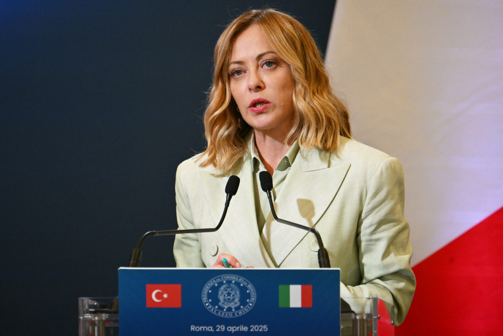 Italy's Prime Minister Giorgia Meloni addresses a speech during a joint press conference with Turkish President, as part of his visit to the Villa Doria Pamphili in Rome on April 29, 2025. (AFP Photo)