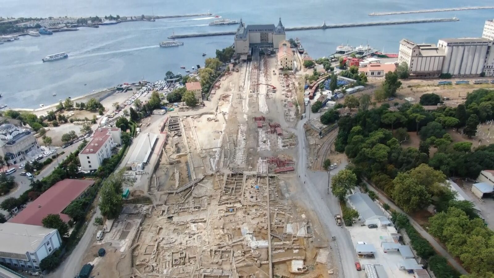 An aerial view of the archaeological site discovered during restoration works at Haydarpasa Train Station in Kadikoy, Istanbul, Türkiye. (IHA Photo)