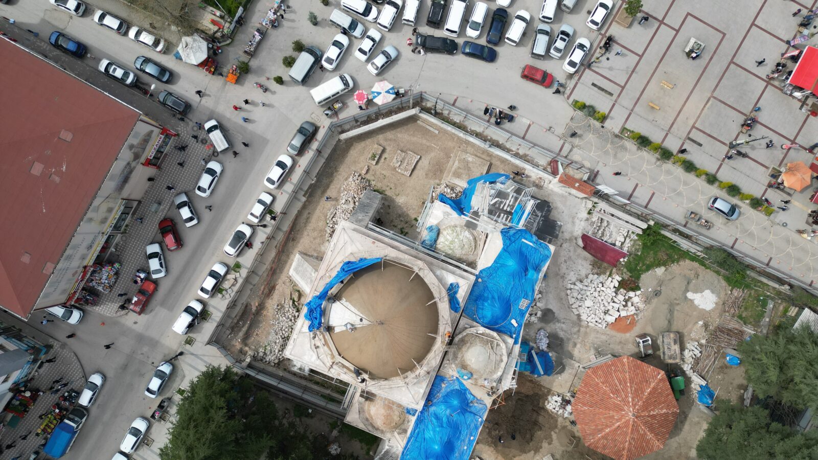 An aerial view of the restoration works at the 540-year-old Gulbahar Hatun Mosque in Tokat, Türkiye. (IHA Photo)