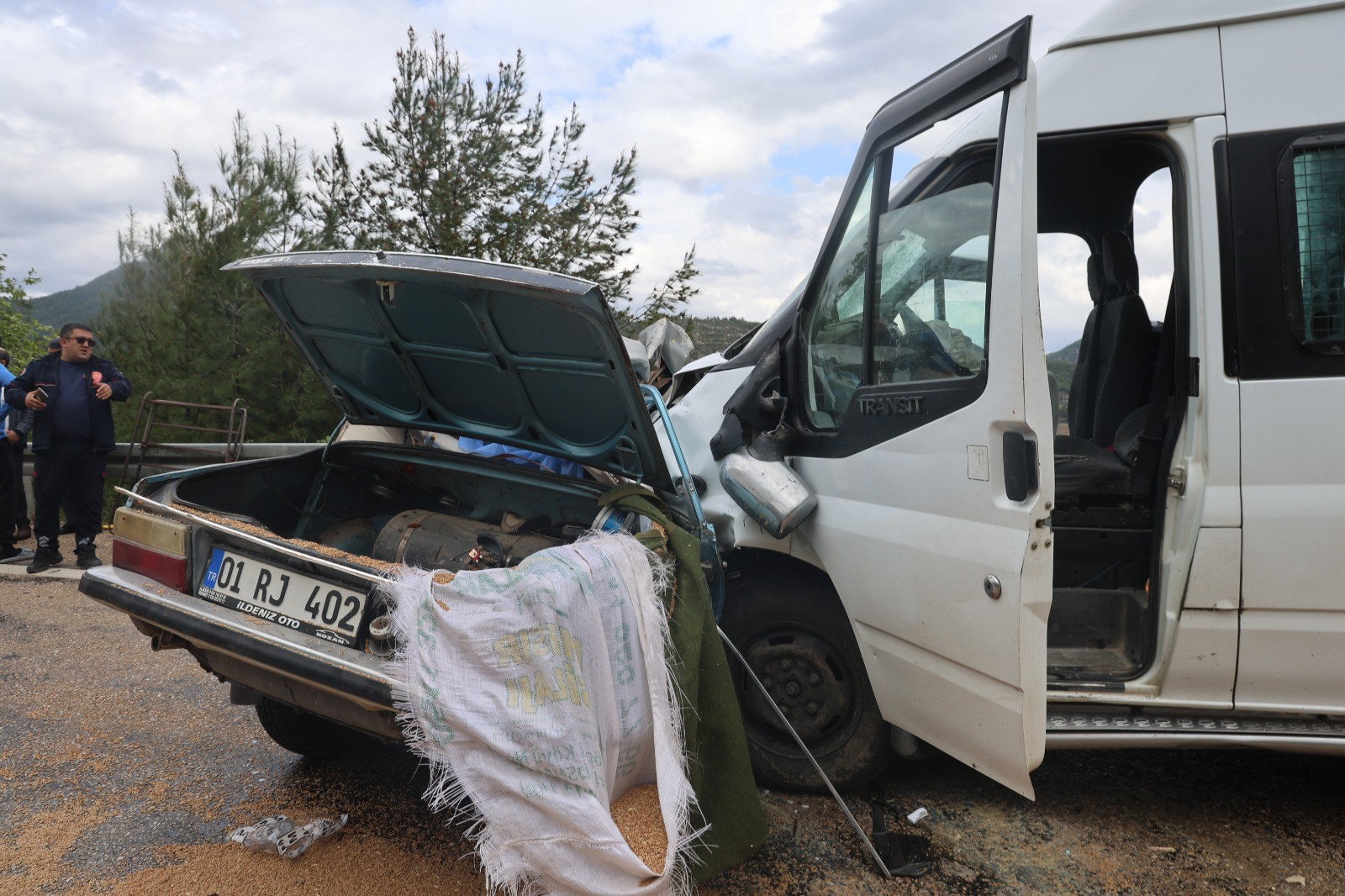Car accident claims five family members' lives and leaves eight others injured after a collision between a car and a minibus in Adana, Türkiye on April 2, 2025. (IHA Photo)