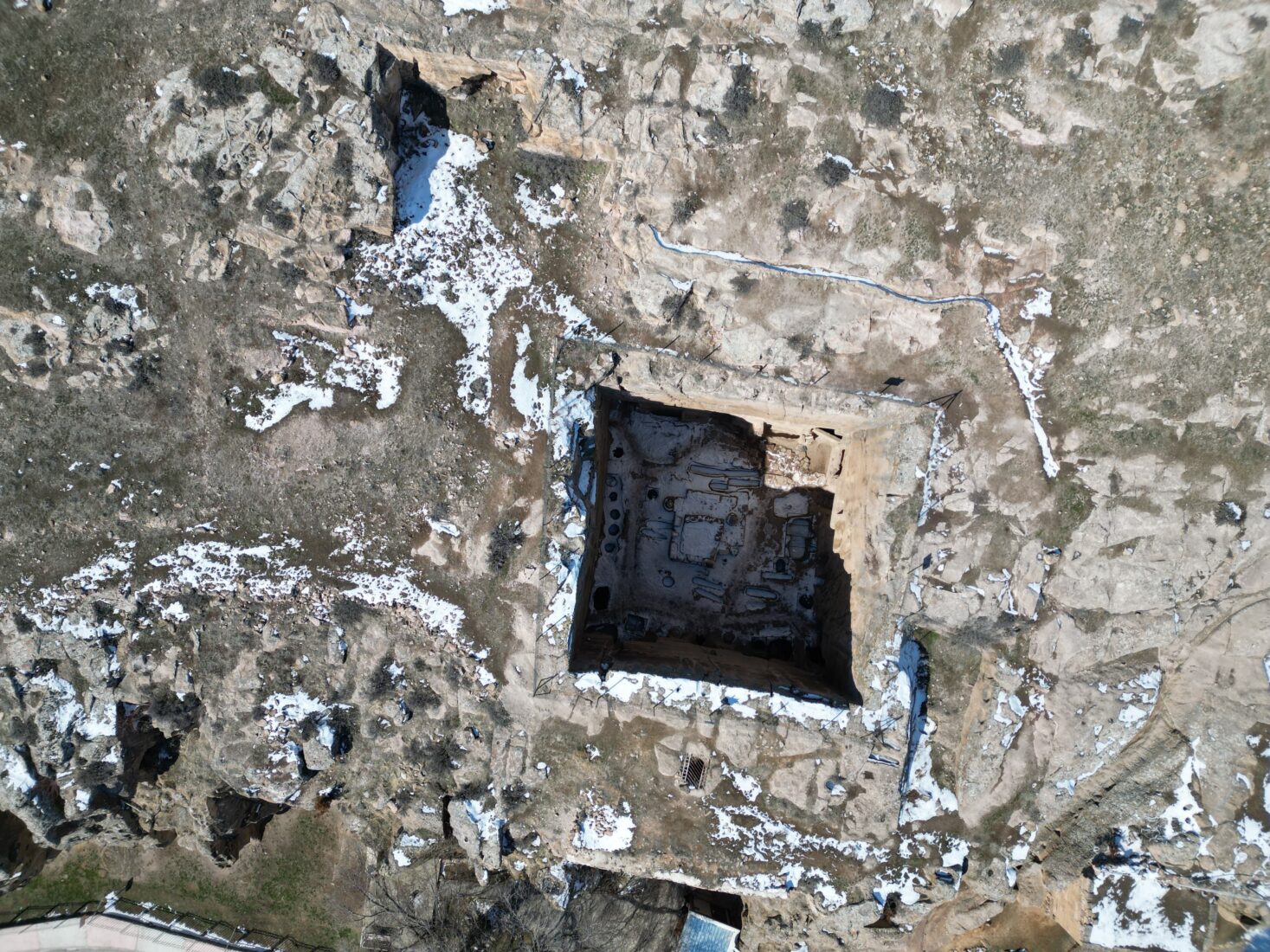 An aerial view of the Gumusler Monastery, one of the best-preserved monasteries in Cappadocia, Nigde, Türkiye, April 19, 2025. (IHA Photo)