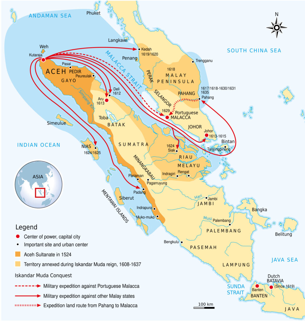 The maximum extent of the Sultanate of Aceh during Iskandar Muda's reign, 1608-1637. (Mapping via Wikimedia)