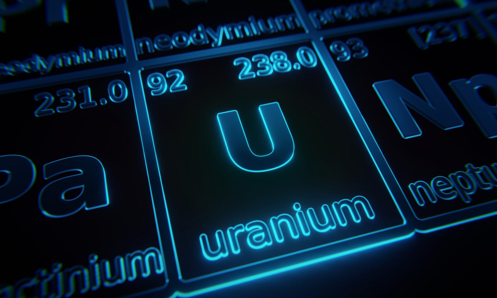 Focus on the chemical element uranium, illuminated in the periodic table of elements. 3D rendering. (Adobe Stock Photo)