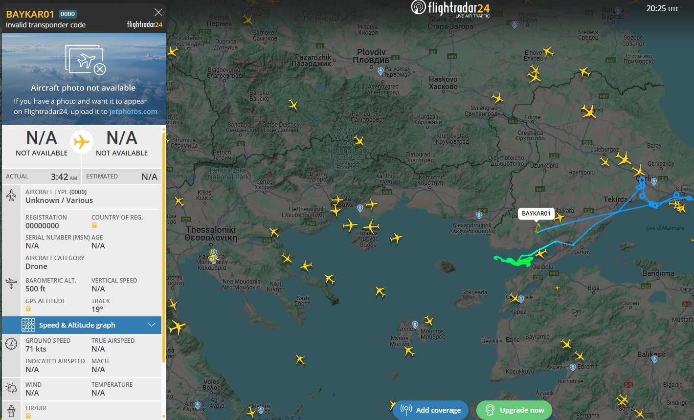 Screen grab shows location of Turkish drone Bayraktar TB2 in flight under code BAYKAR01, accessed on April 23, 2025. (Photo via Flightradar24)