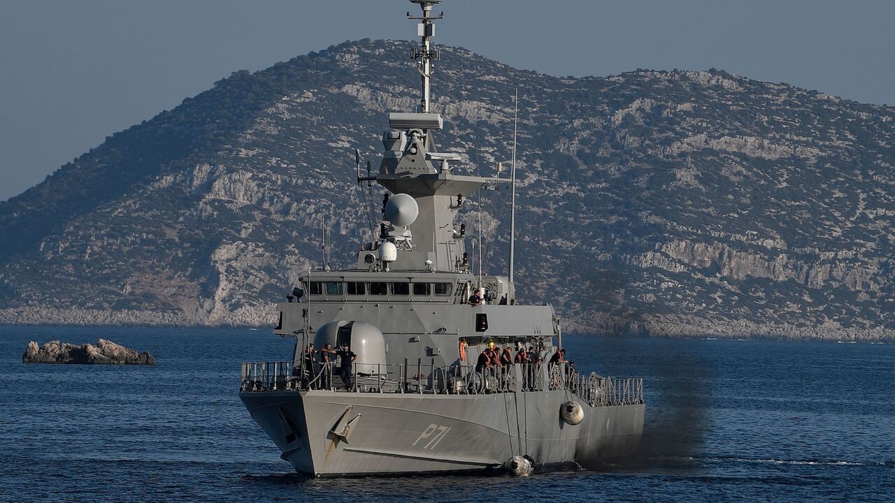 The Greek Navy Roussen or Super Vita class Fast Missile Patrol Boat P 71 HS Ritsos is seen off the tiny island of Kastellorizo, officially Megisti on August 28, 2020. (AFP Photo) 