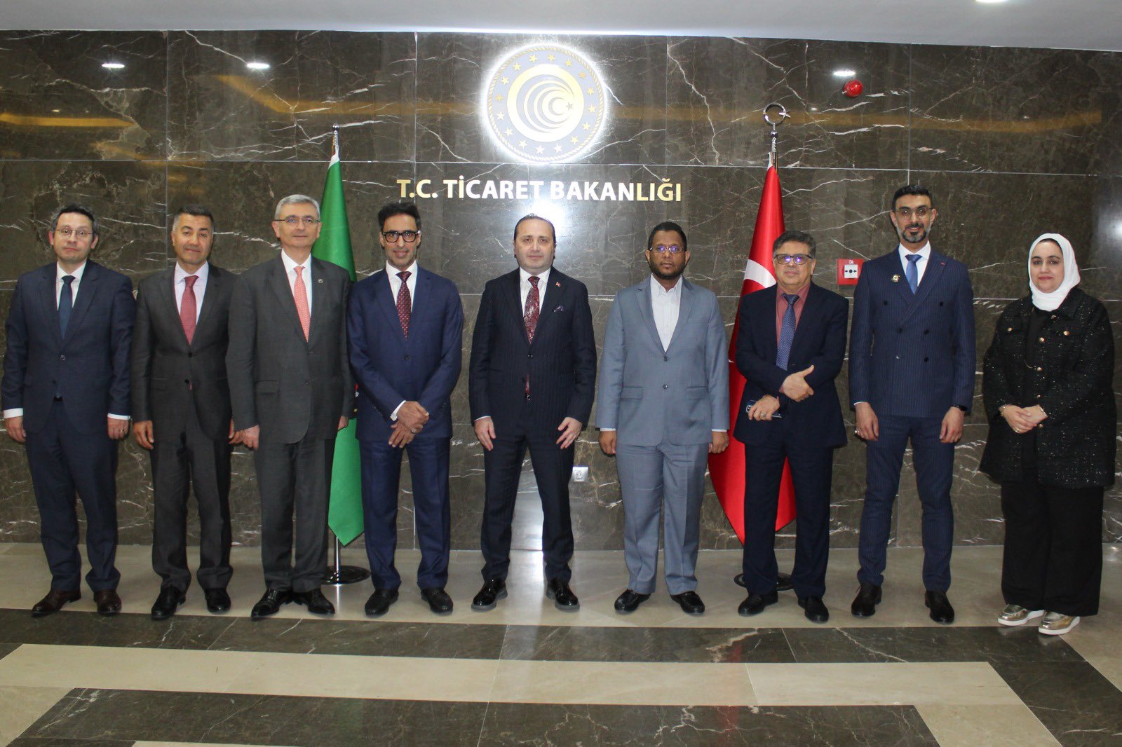 Turkish Deputy Trade Minister Mustafa Tuzcu (center) and GCC Chief Negotiator Dr. Raja Al Marzouqi (to his left) pose with delegation members following the third round of Türkiye-GCC free trade agreement talks held in Ankara, Türkiye, on April 16, 2025. (Photo via X/@ticaret)