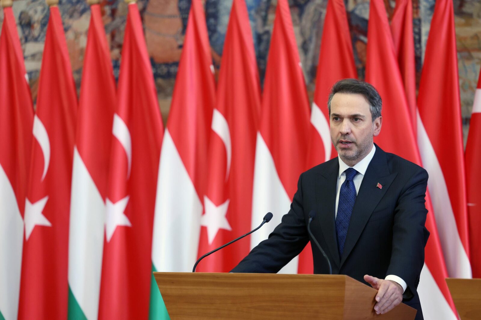 Turkish Energy and Natural Resources Minister Alparslan Bayraktar delivers a speech during a joint press conference with his Hungarian counterpart in Budapest, Hungary, on April 30, 2025. (Photo via X/aBayraktar1)
