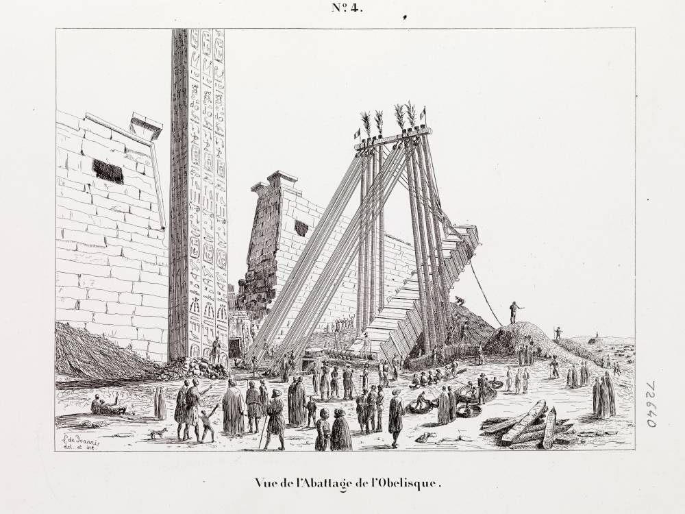 Engraving of the transport of the obelisk from Luxor, Egypt, 1836. (Photo via A. Fux Musée national de la Marine)
