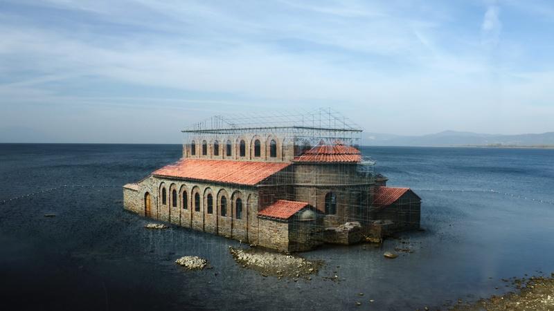 3D reconstruction by archaeologist Dominik Maschek, a specialist in late Roman antiquity, of a fourth-century basilica once located on the shores of Lake Iznik, November 10, 2023. (Reconstruction by Dominik Maschek)