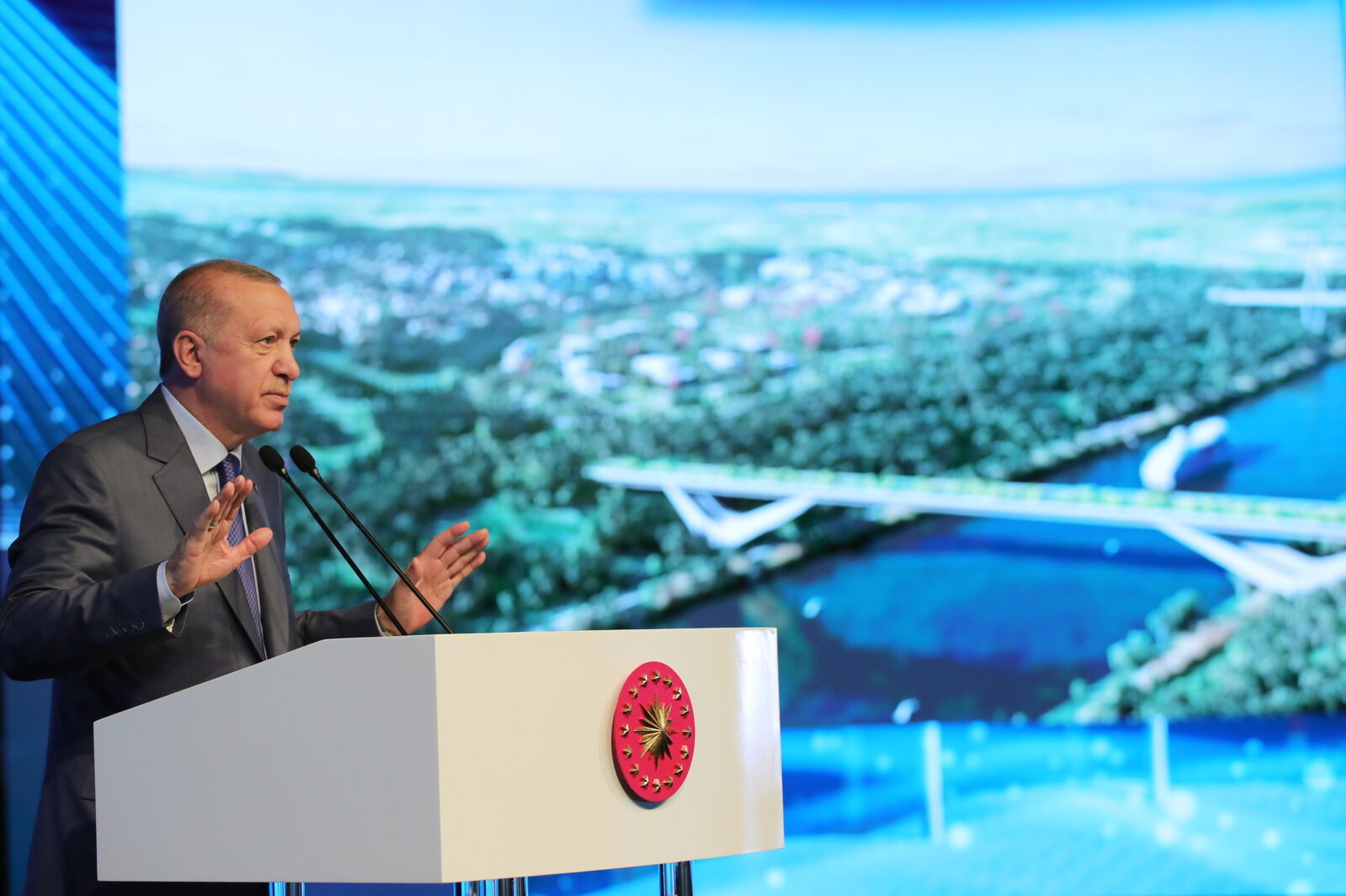 President Recep Tayyip Erdogan delivers a speech at the groundbreaking ceremony of the Sazlidere Bridge, part of the Istanbul Canal project in Istanbul, Türkiye, on June 26, 2021. (AA Photo)