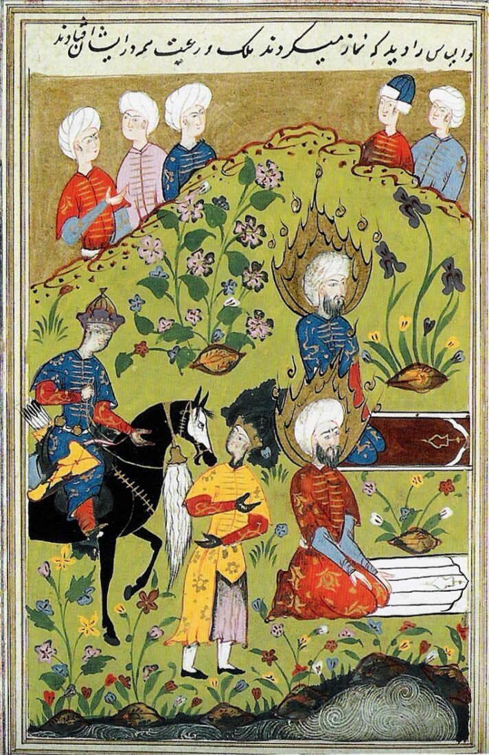 A depiction of Elijah and al-Khidr praying together from an illuminated manuscript version of Stories of the Prophets, 427 A.H. (Photo via collection of Stories of the Prophets)