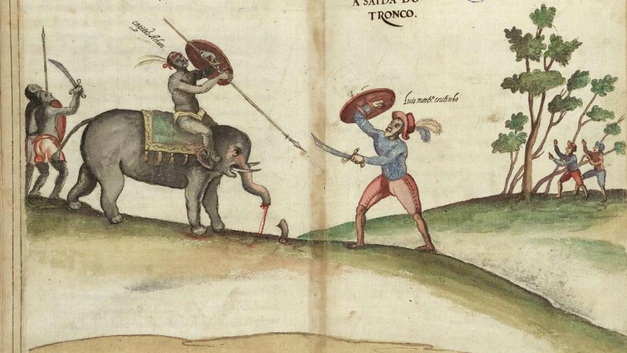 Luis Monteiro Coutinho cuts the trunk of his elephant while fighting an Aceh Captain, March 24, 1588. (Image via Wikimedia)