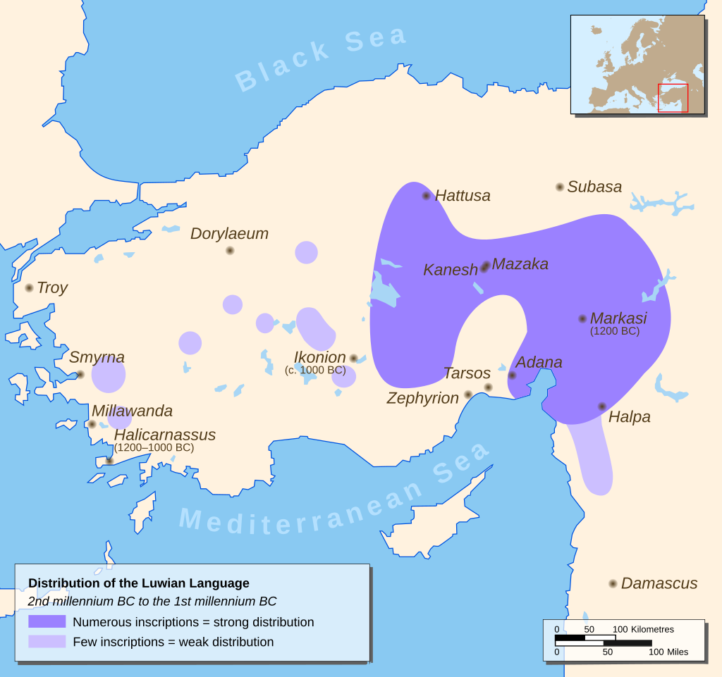 A map of Anatolia showing the distribution of the Luwian Language from the second millennium B.C. to the 1st millennium B.C., Sept. 23, 2023. (Image via Wikimedia)