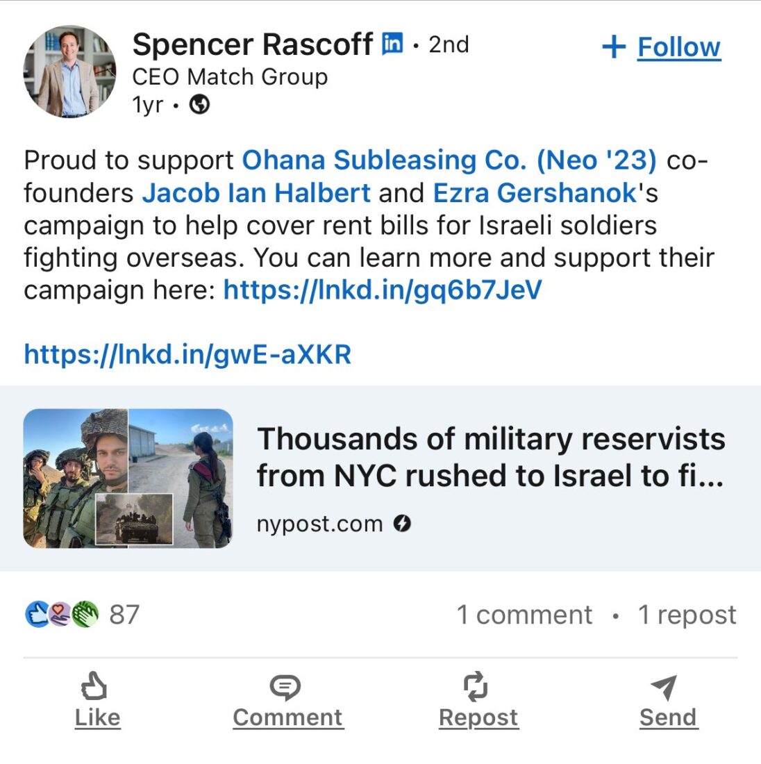 Screen grab of Raskoff's Linkedin post in which he describes his financial assistance as supporting efforts in Israel’s war against Gaza, accessed on April 1, 2025.