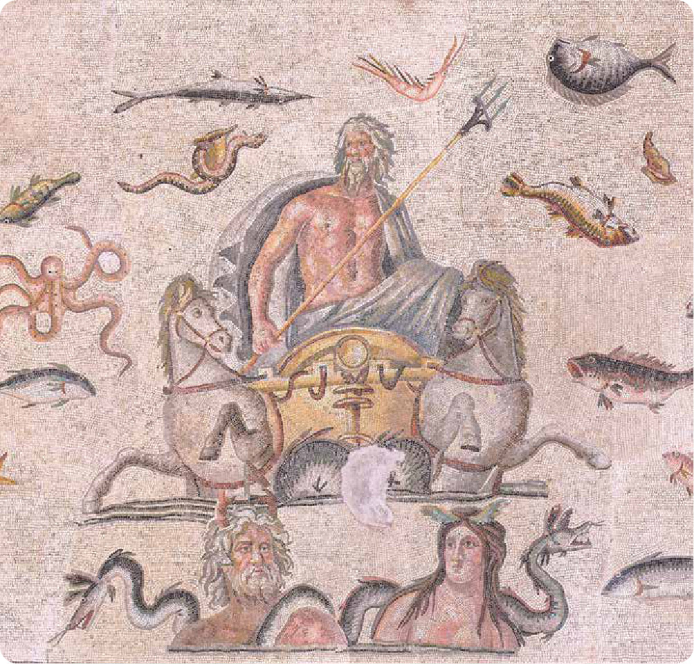Detail from the Poseidon mosaic at Gaziantep Zeugma Mosaic Museum, Türkiye; 2nd-3rd century A.D. (Photo via Zeugma Archaeological Project)