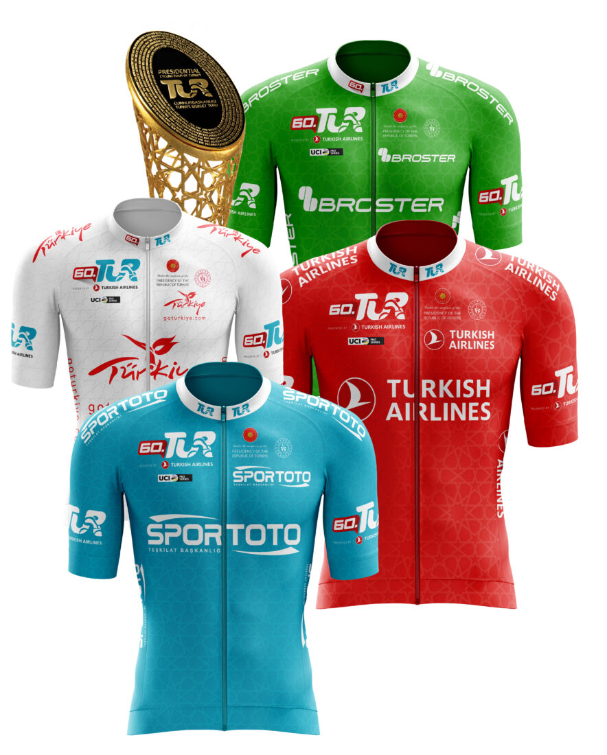 The jerseys of the 60th Presidential Cycling Tour of Türkiye and the trophy that the champion will win at the end of the Tour, April 16, 2025. (Photo via Tour of Türkiye)